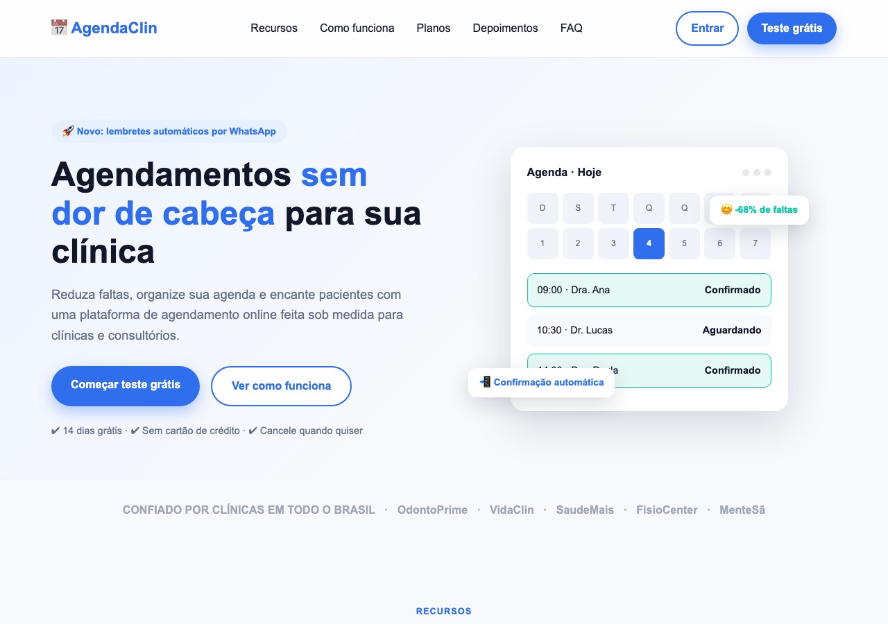 Landing page gerada direto do rascunho: azul genérico, ícones de emoji e um selo sobreposto ao texto da agenda.